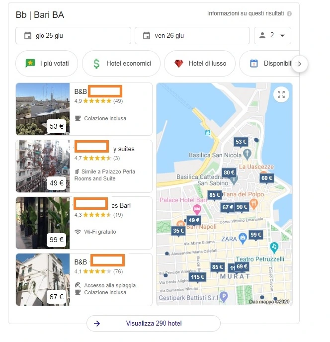 Schermata ricerca B&B a Bari su Google Maps con prezzi, recensioni e posizione, confronto strutture economiche e centrali vicino Basilica San Nicola e Teatro Petruzzelli