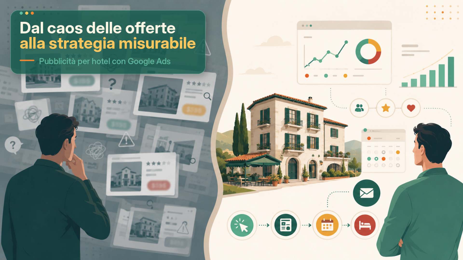 Immagine editoriale sulla pubblicità per hotel con Google Ads, che mostra il passaggio da offerte online confuse a una strategia digitale chiara per ottenere più richieste e prenotazioni dirette.
